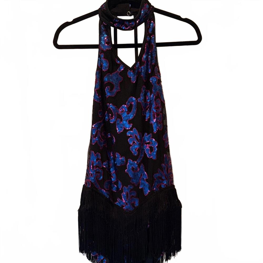 Weissman Black and Blue Sequin Dance Costume with Fringe, attached brief. Girls